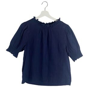 J. Crew Navy Ruffled Neck Short Sleeve Blouse